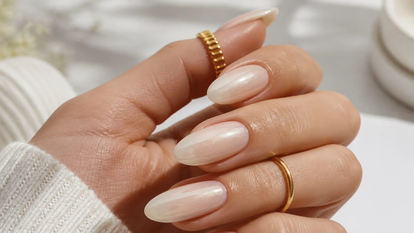 Sheer warm vanilla cream soap nails on almond nails with a soft glow