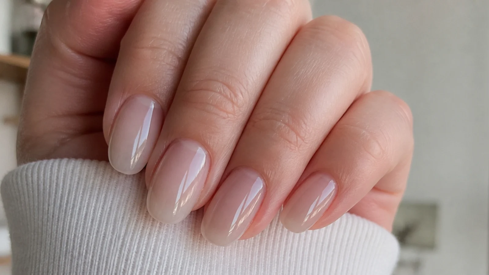 High-shine glassy sheer soap nails with a mirror-like clear top coat