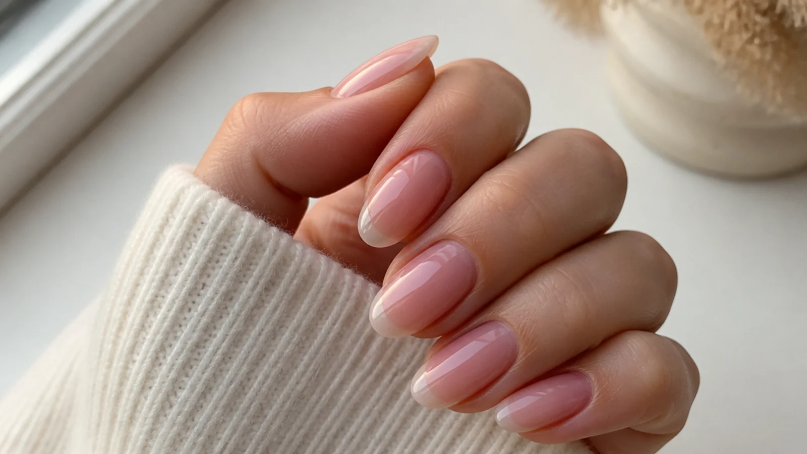Sheer soap nails on a soft oval shape with translucent natural finish