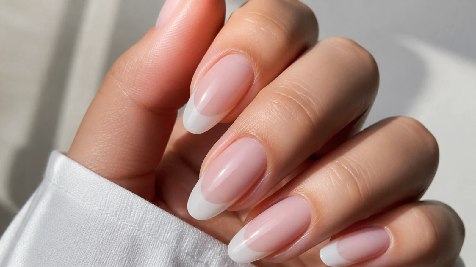 Sheer soap nails with a soft translucent milky French tip on almond nails