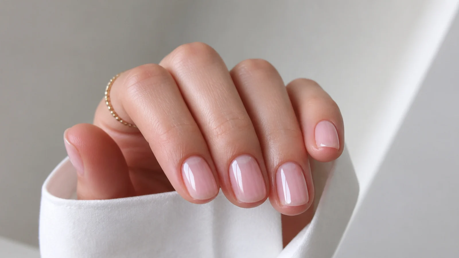 Sheer pink soap nails with a soft pearl glazed sheen on short nails