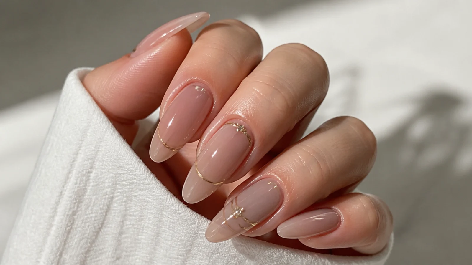 Long glassy sheer soap nails on a dramatic almond shape