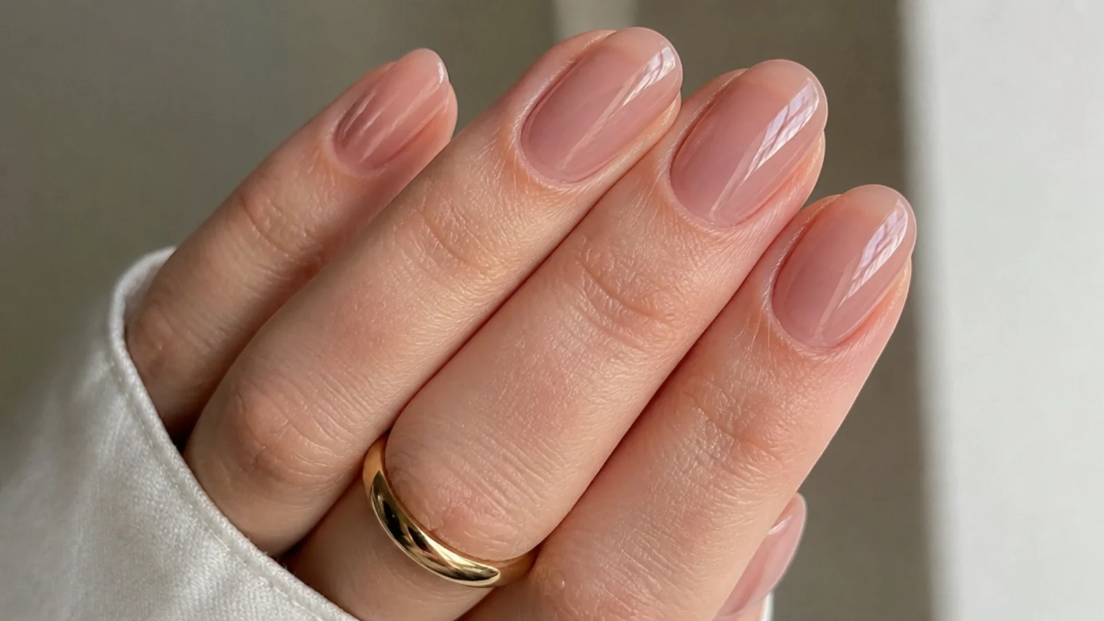 Sheer nude rose soap nails on oval nails with a translucent finish