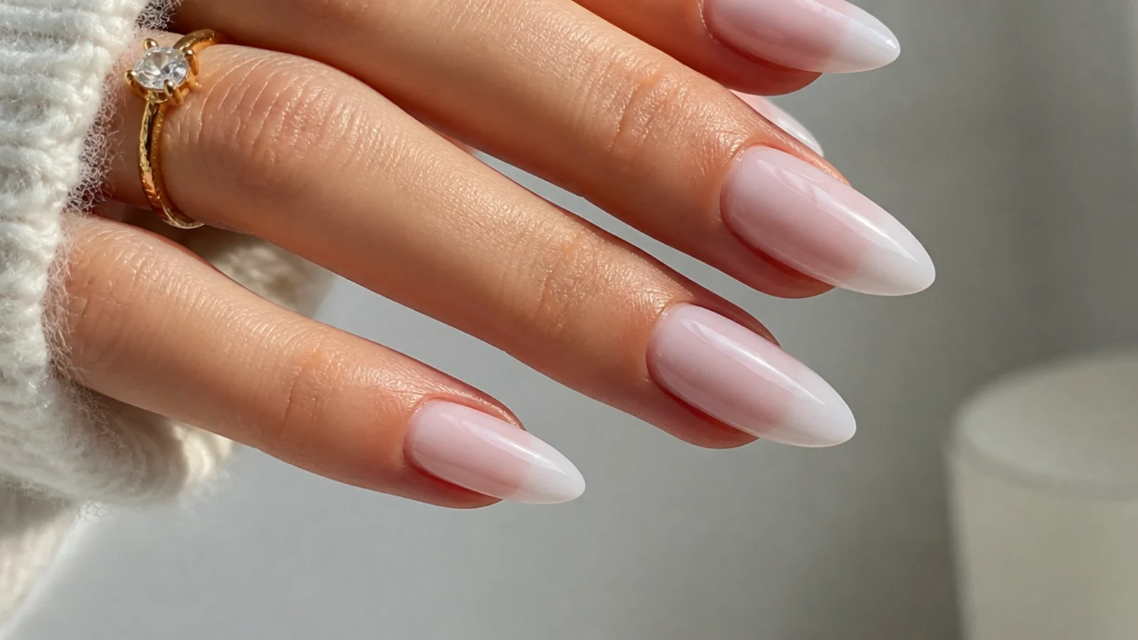 Sheer soap nails with soft frosted translucent tips on almond nails