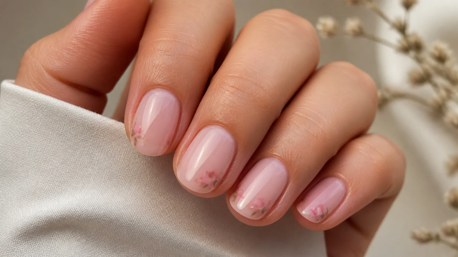 Sheer soap nails built in gel with a durable glassy finish on short nails