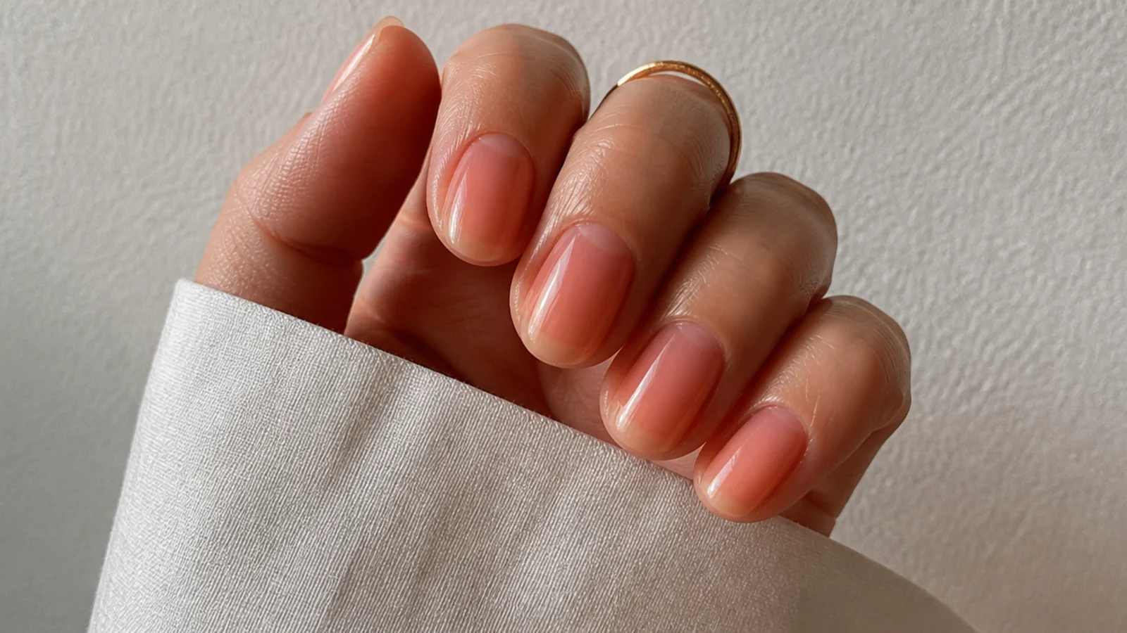 Sheer warm peach soap nails on oval nails with a natural glow