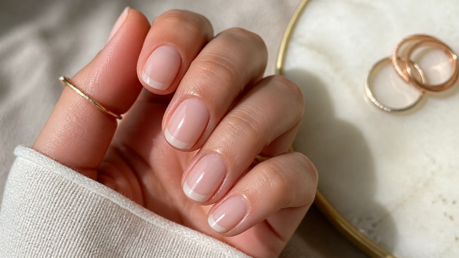 Sheer soft beige nude soap nails on short nails with a translucent tip
