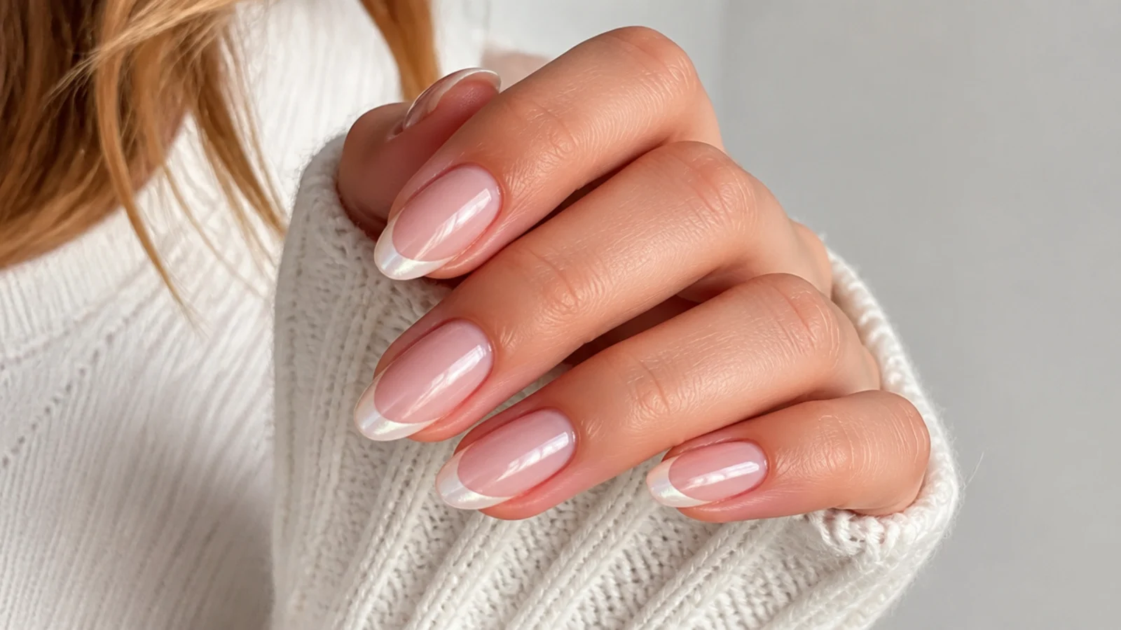 Sheer soap nails with soft pearl-glazed tips on almond nails