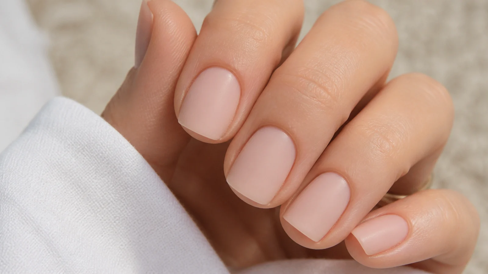 Sheer soap nails with a soft matte velvet top coat on short nails