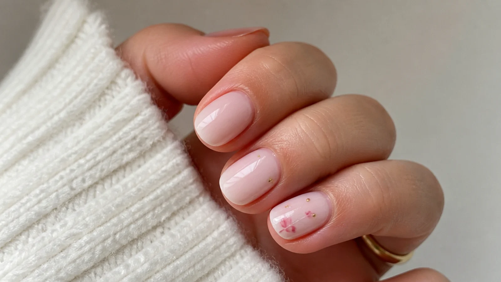 Sheer milky pink soap nails built in gel on short oval nails