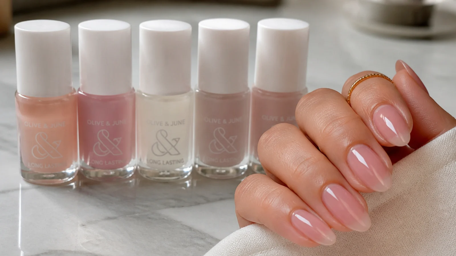 A row of sheer nude, pink and milky-clear polish bottles for soap nails