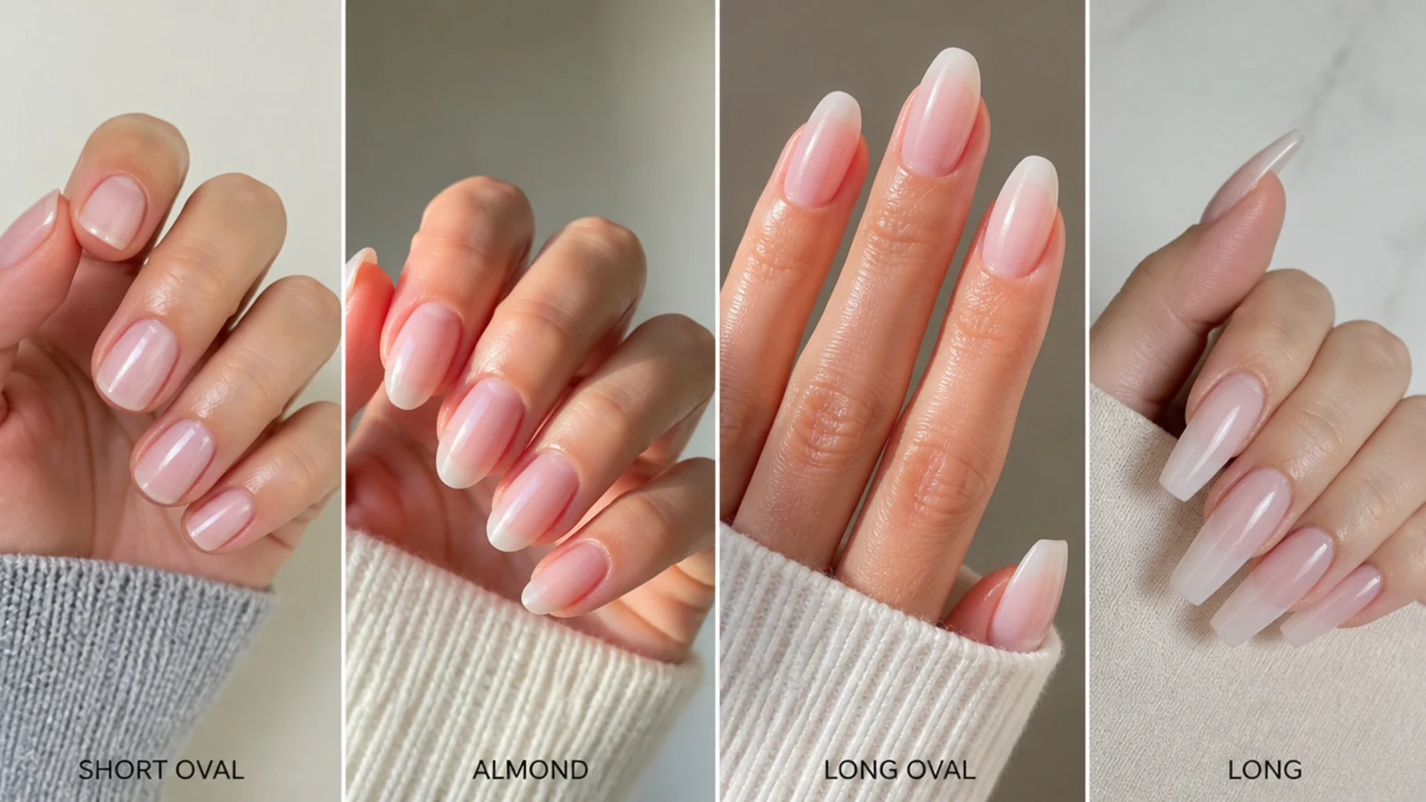 Sheer soap nails shown on short, oval, almond and long shapes