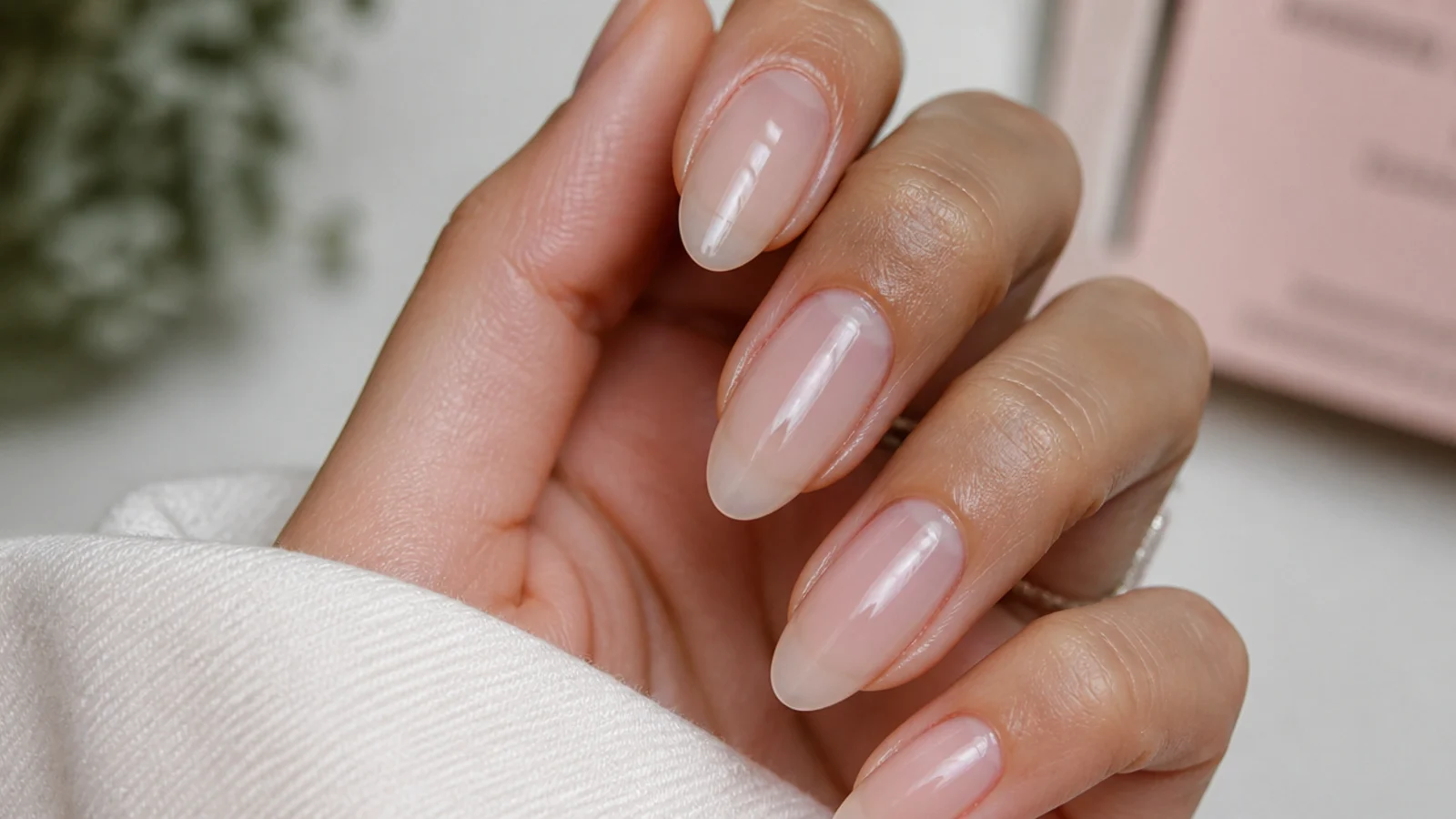 Sheer glassy natural soap nails with a barely-there milky finish on almond nails