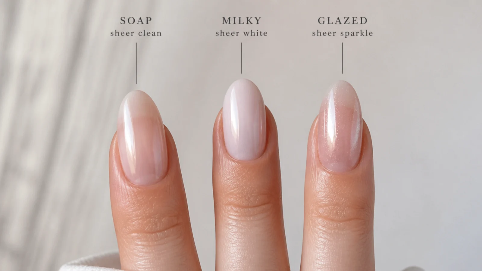 Three sheer nail finishes side by side - soap, milky and glazed - for comparison