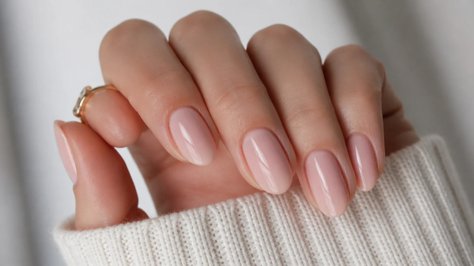 Sheer neutral pink OPI soap nails on oval nails with a natural finish