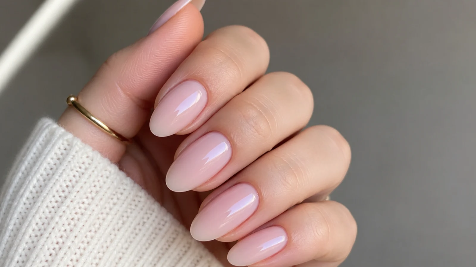 Sheer pale ballet-pink OPI soap nails on long oval nails