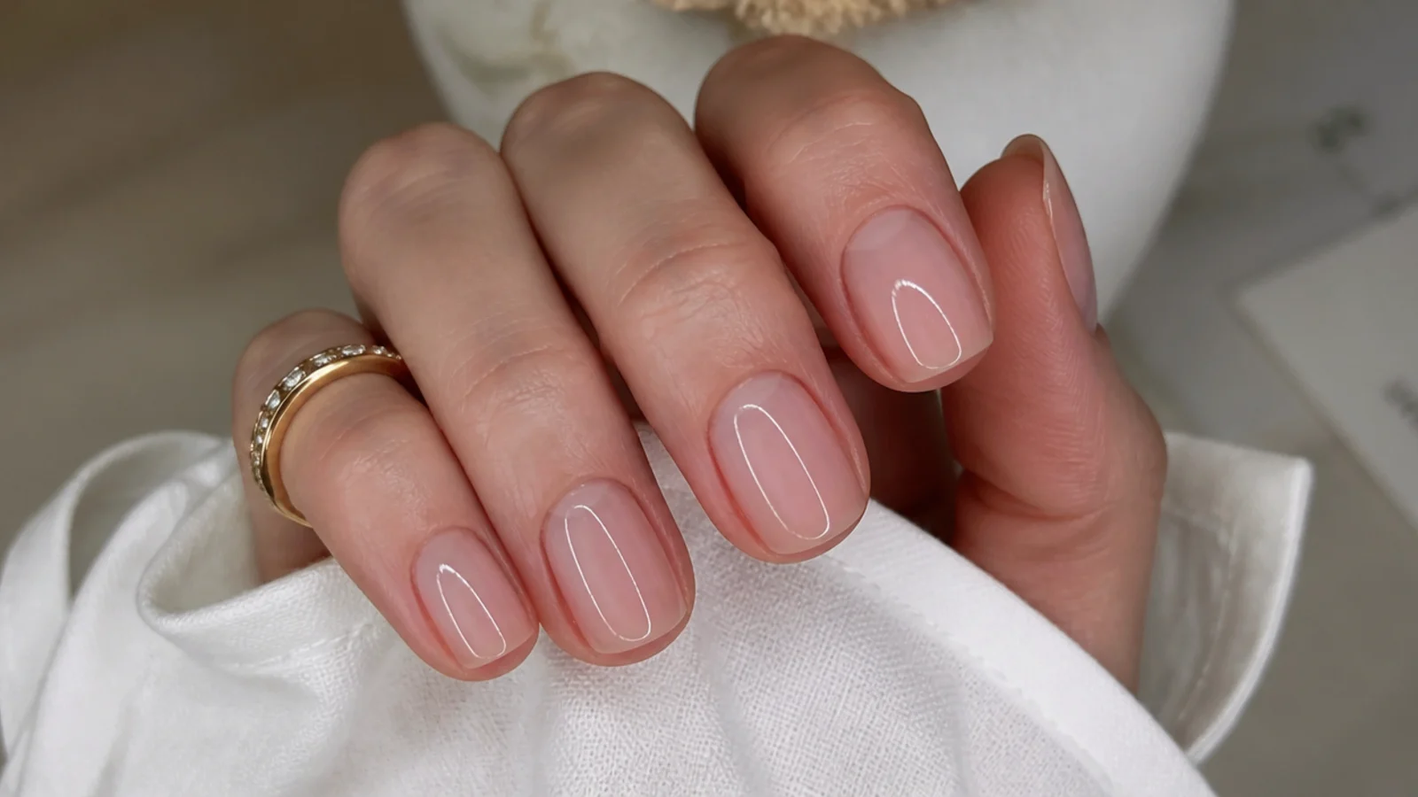 Sheer rosy-nude OPI soap nails on short square-oval nails
