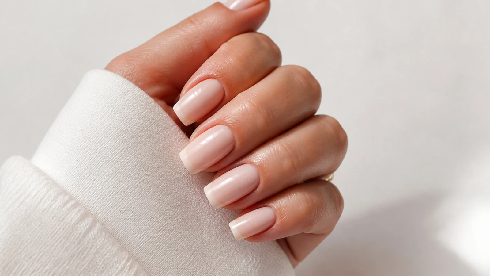 Sheer neutral beige OPI soap nails on medium square nails, French-adjacent look