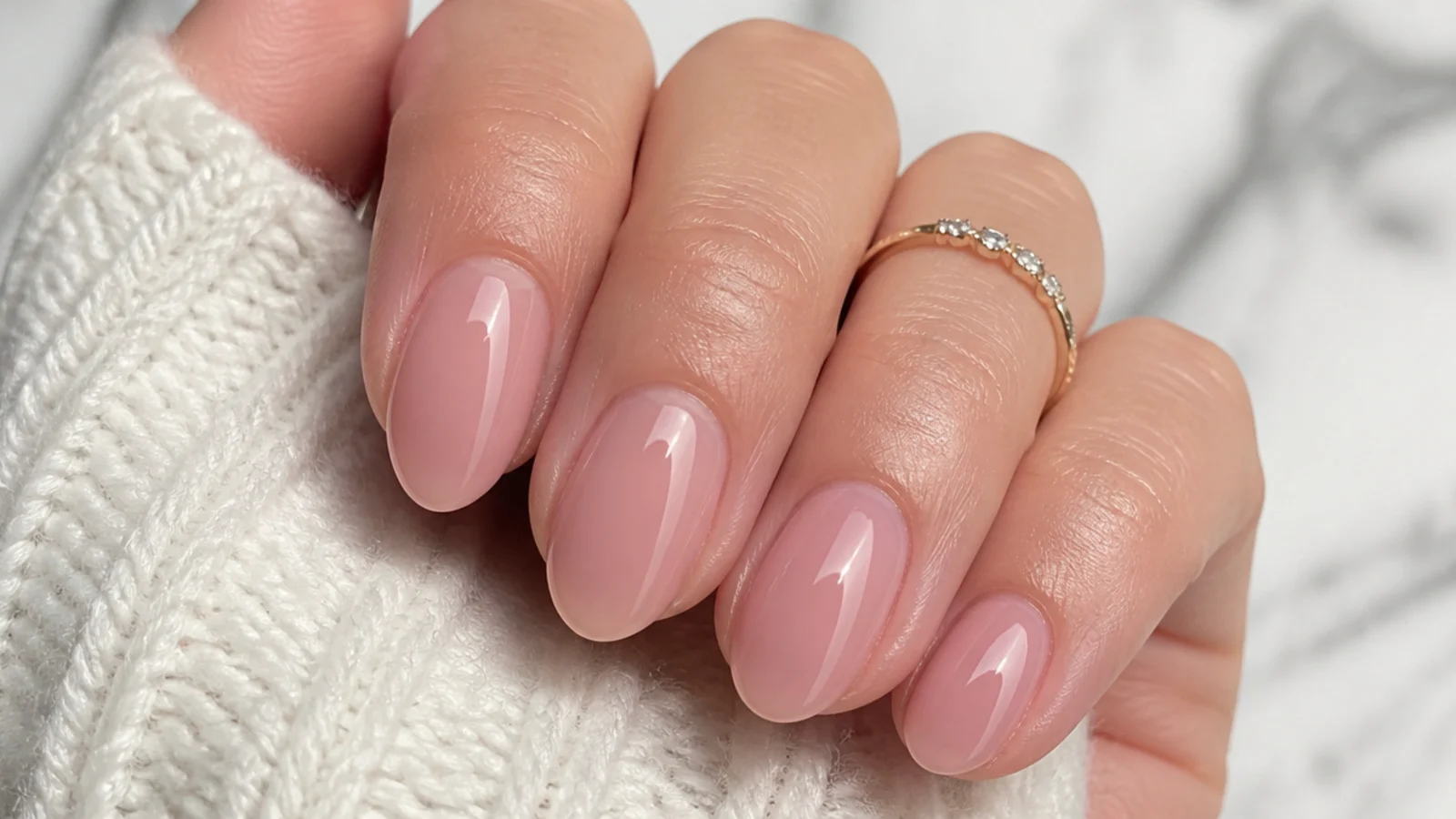 Sheer rose-pink OPI soap nails on short almond nails with natural depth