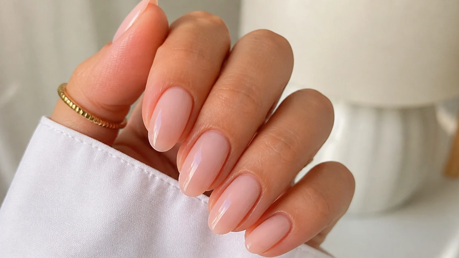 Sheer neutral nude-pink OPI soap nails on long oval nails