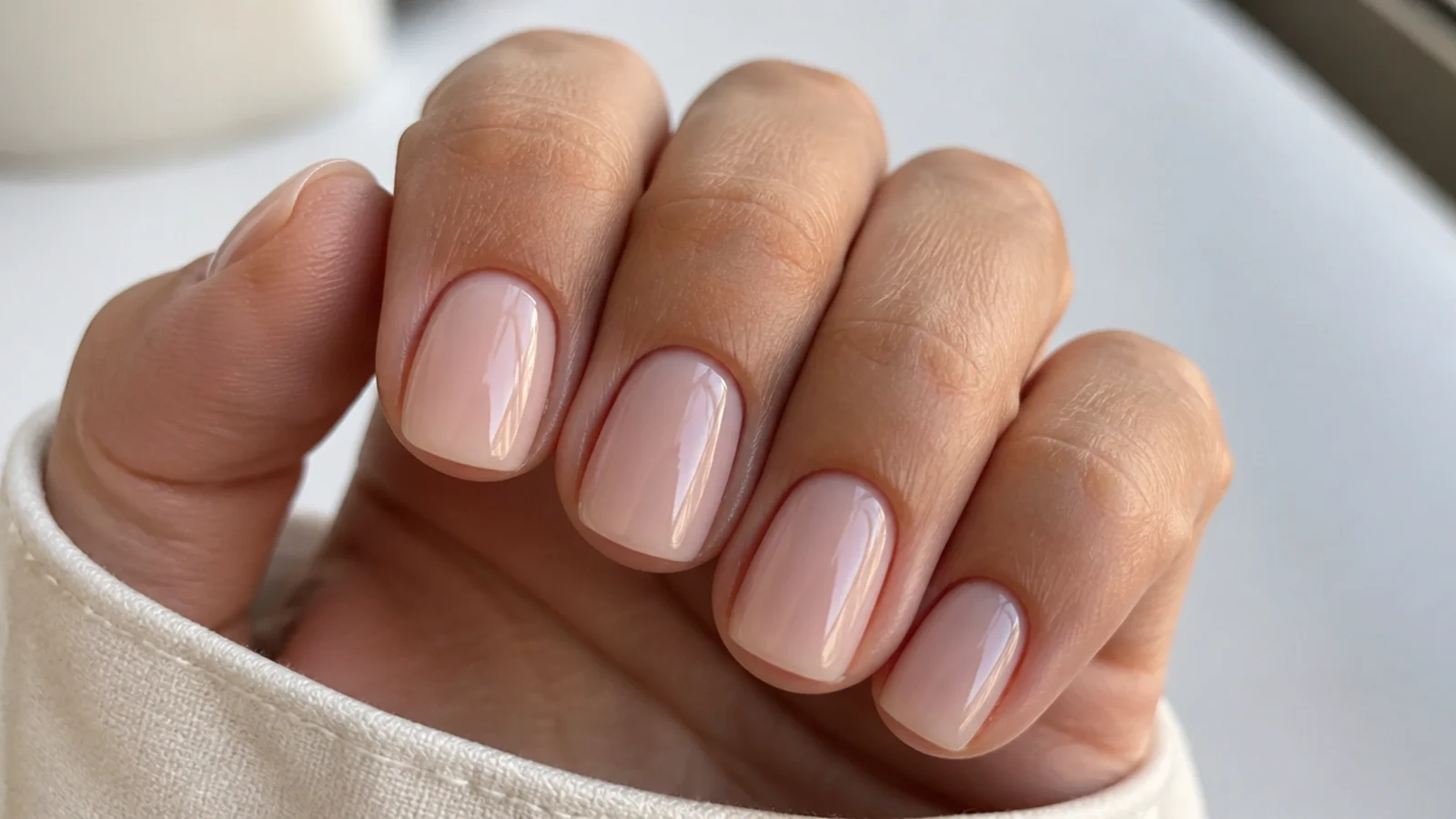 Sheer creamy blush-nude OPI soap nails on short square-oval nails