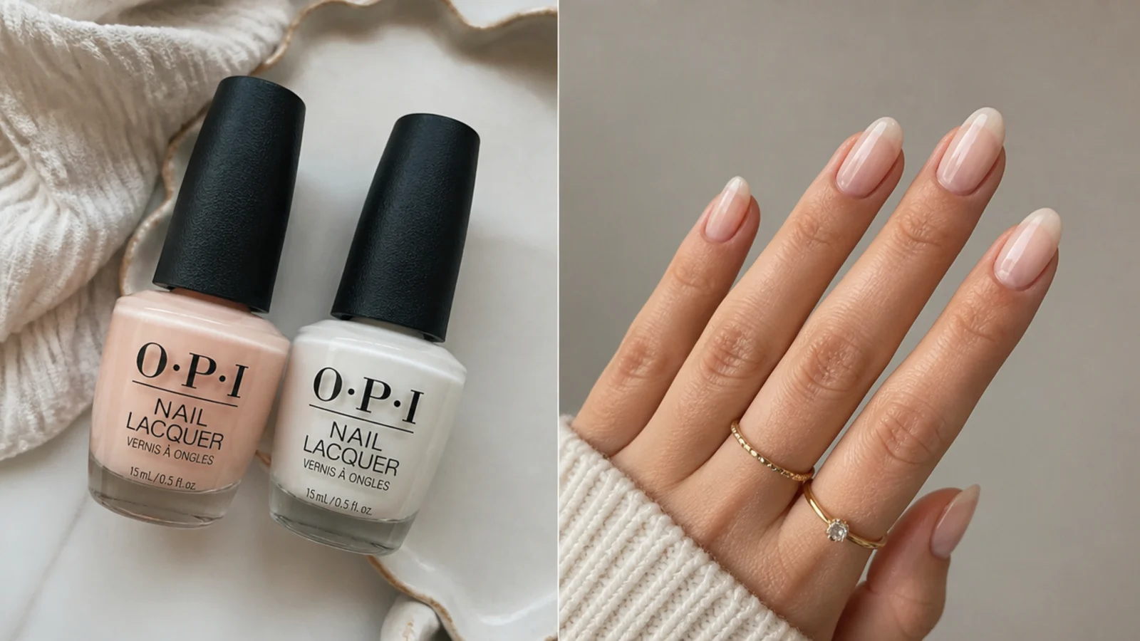 Flat lay of sheer OPI nude and milky nail polish bottles for soap nails