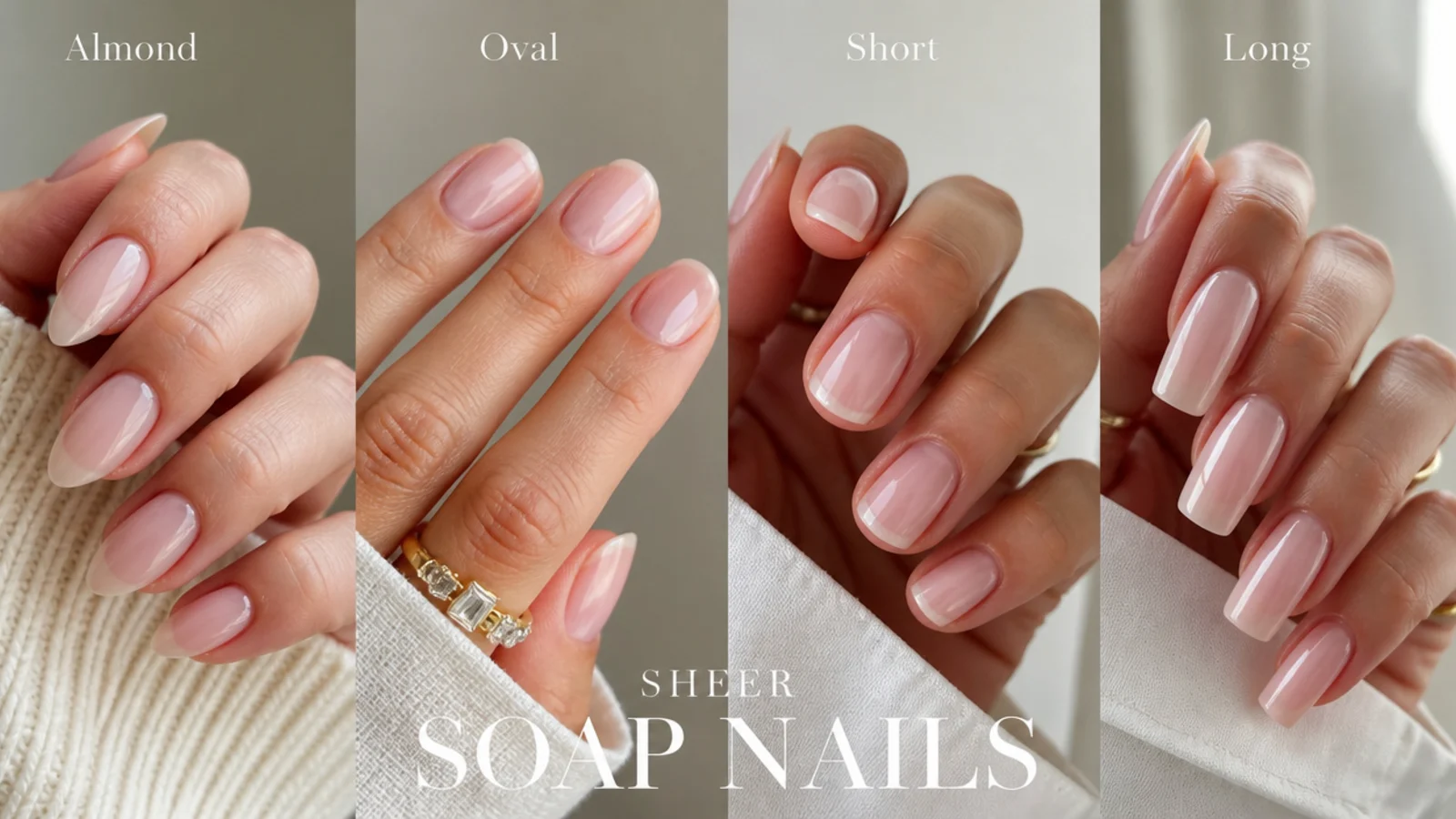 Sheer soap nails shown on almond, oval, short and long nail shapes