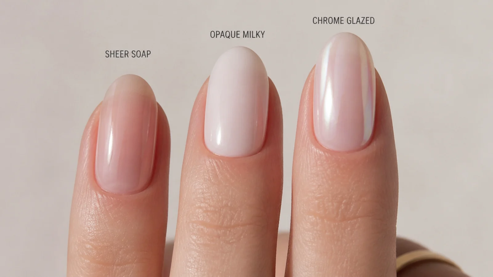 Three nails side by side comparing sheer soap, opaque milky, and chrome glazed finishes