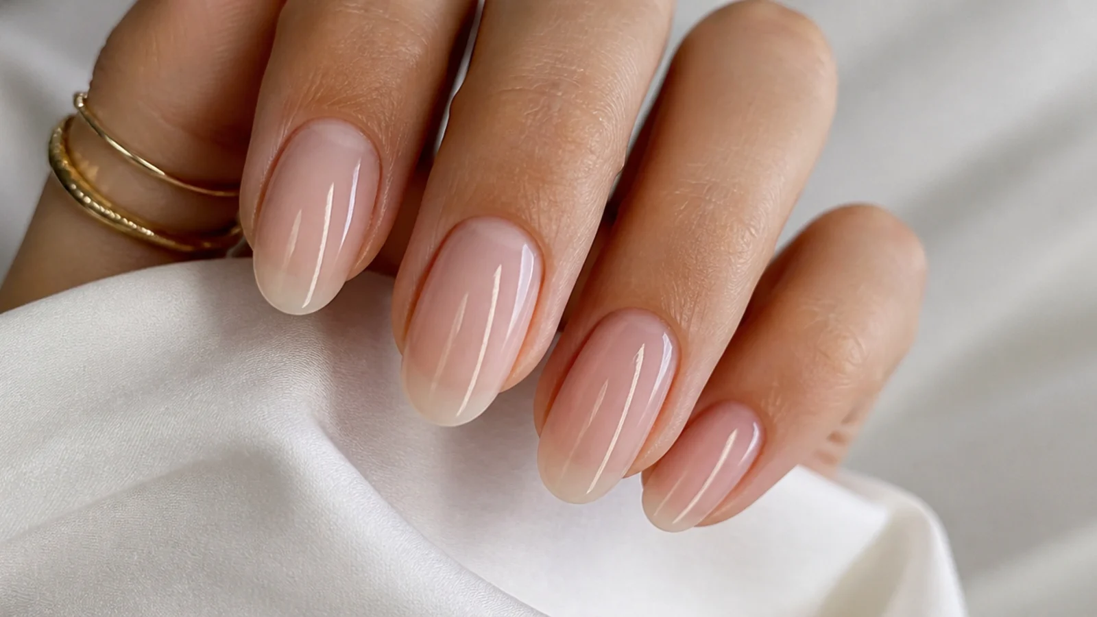 Close-up of sheer milky soap nails with the natural nail bed and free edge showing through
