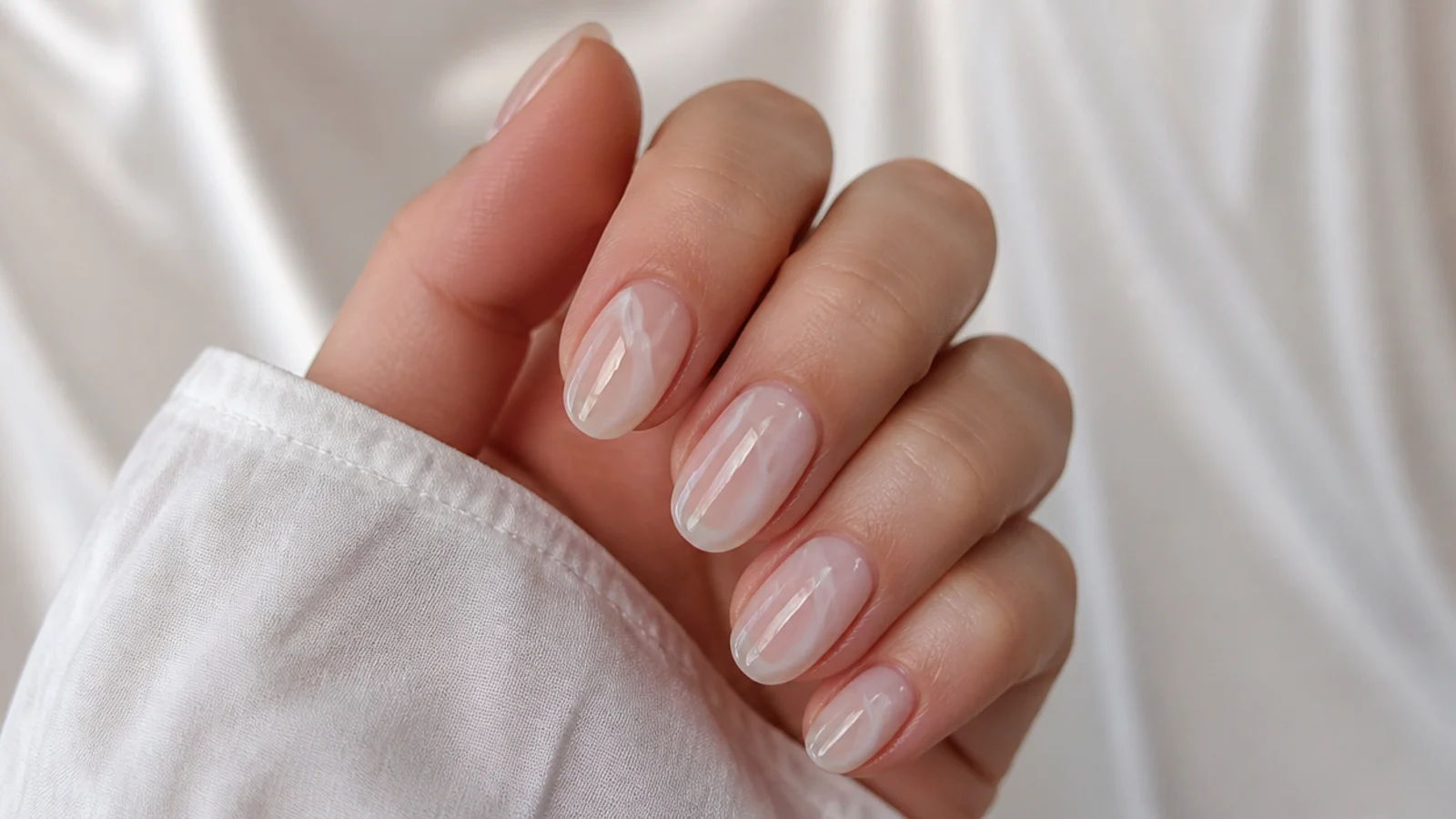 Sheer milky clear oval soap nails with a glassy top coat