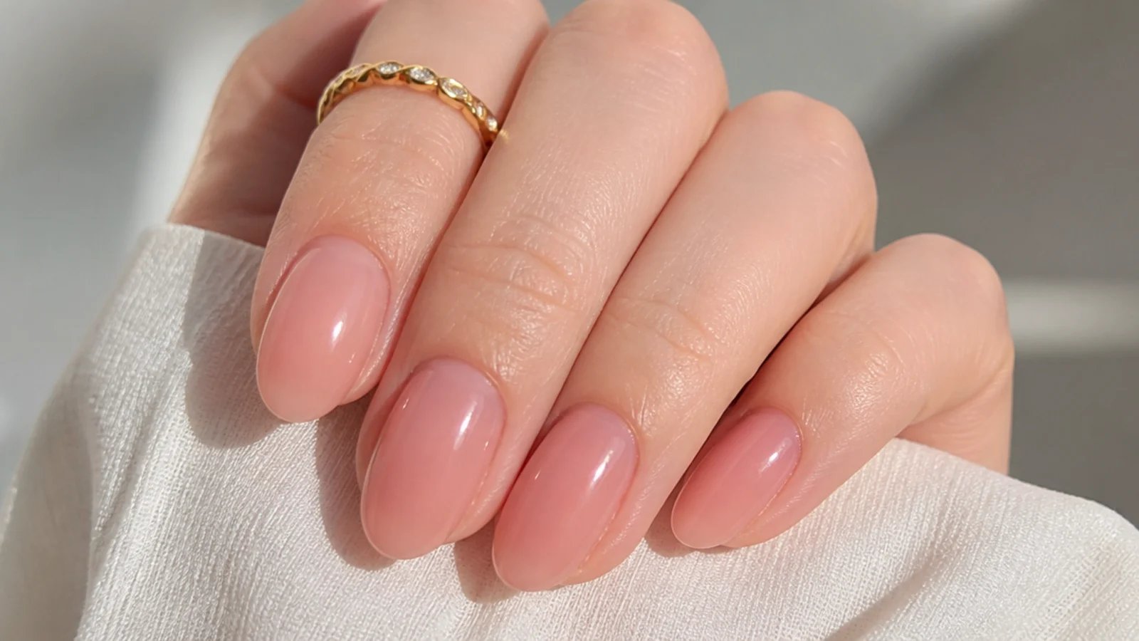 Sheer cool rose oval soap nails on fair skin with visible nail bed