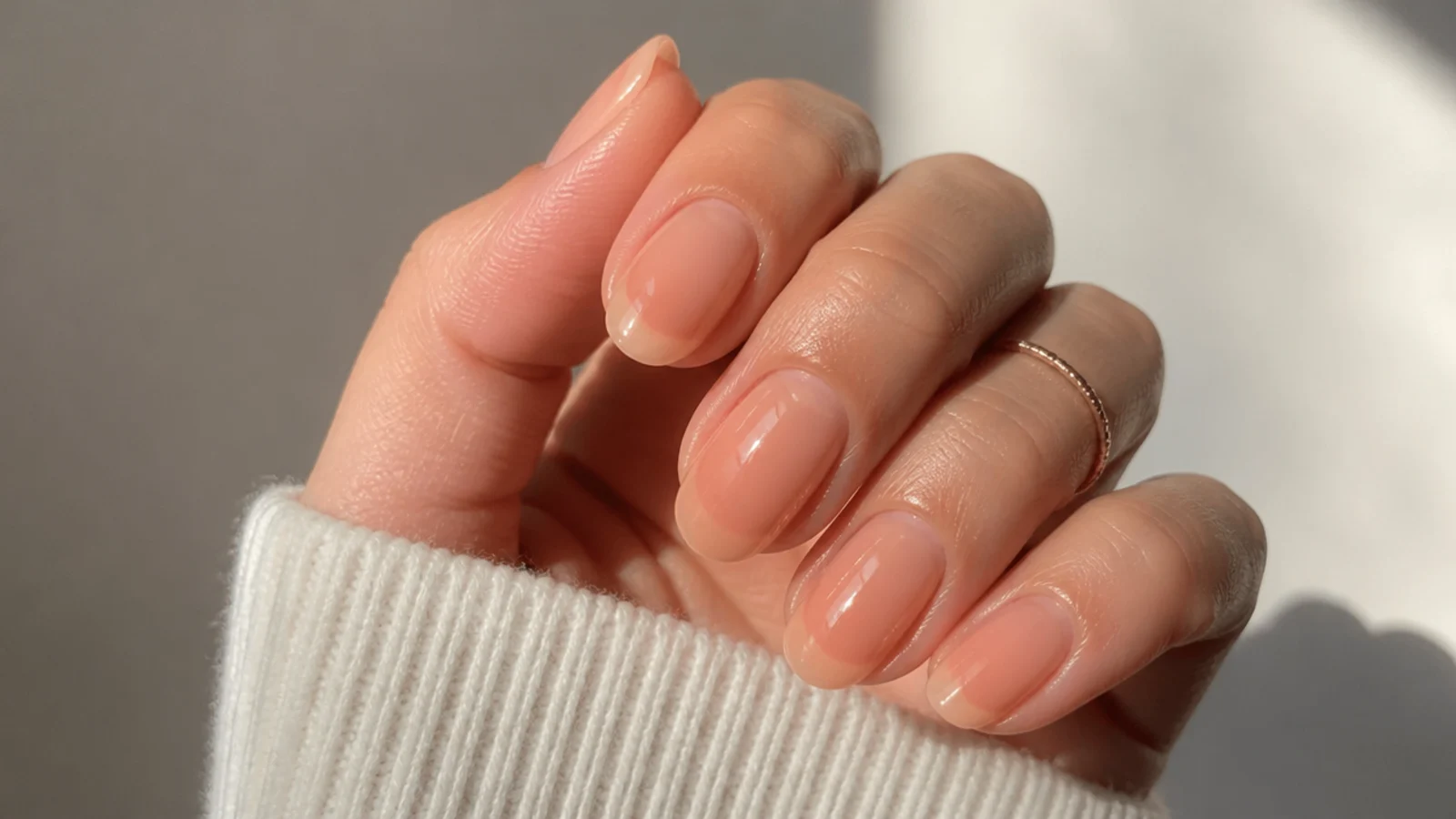 Sheer peachy nude oval soap nails with a warm just-washed glow