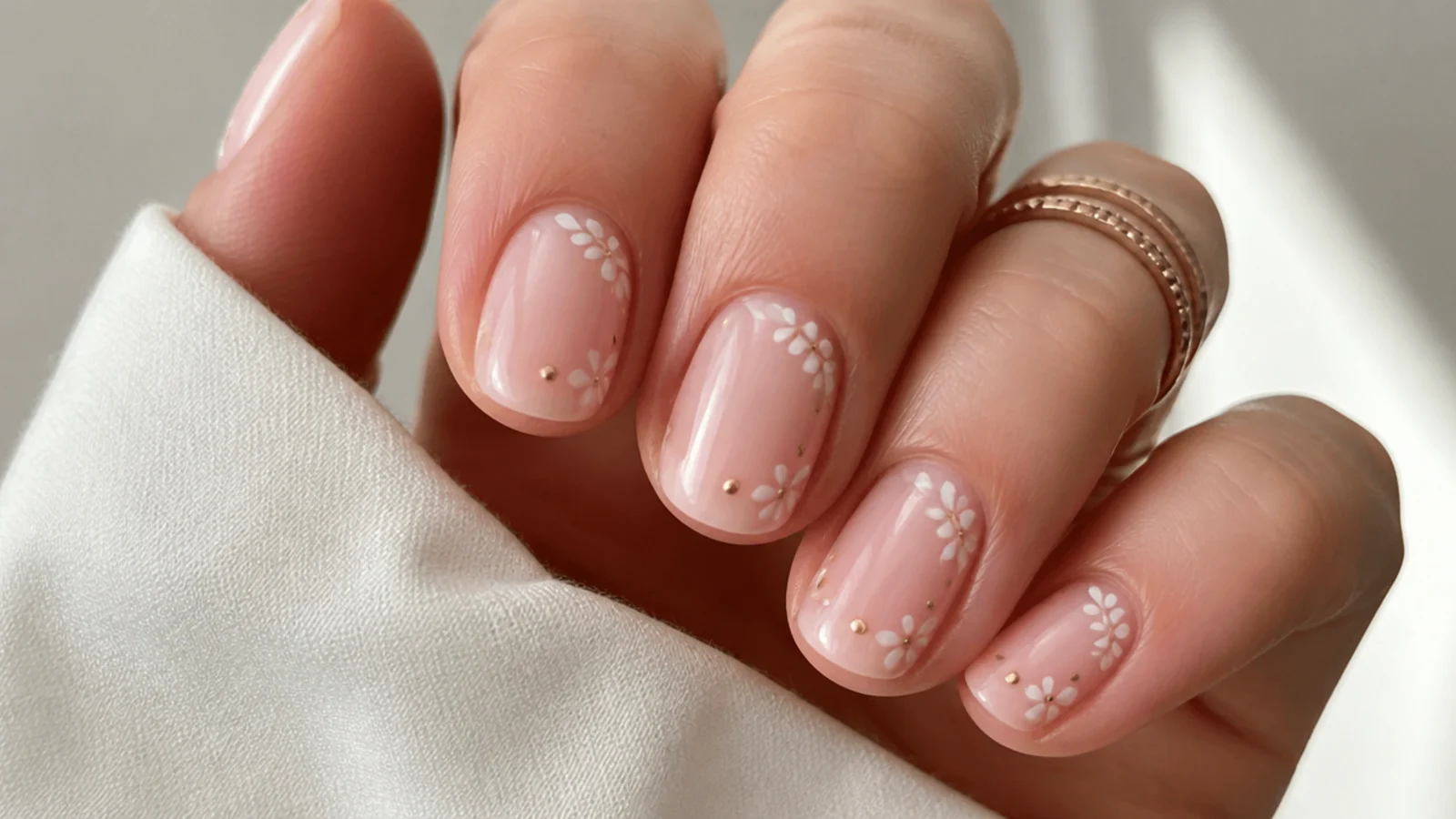 Short sheer nude oval soap nails filed to a soft rounded tip