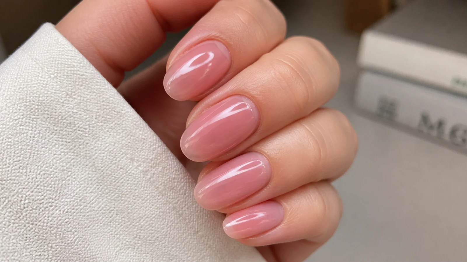 Sheer lip-gloss pink oval soap nails with a high-shine wet finish