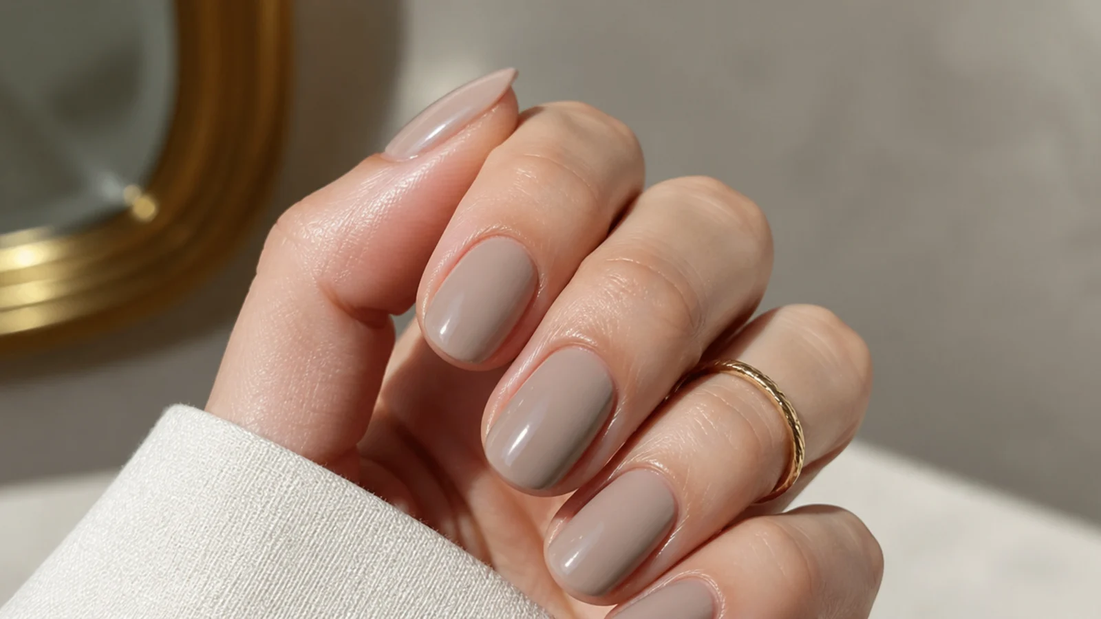 Sheer greige oval soap nails in a soft gray-beige neutral