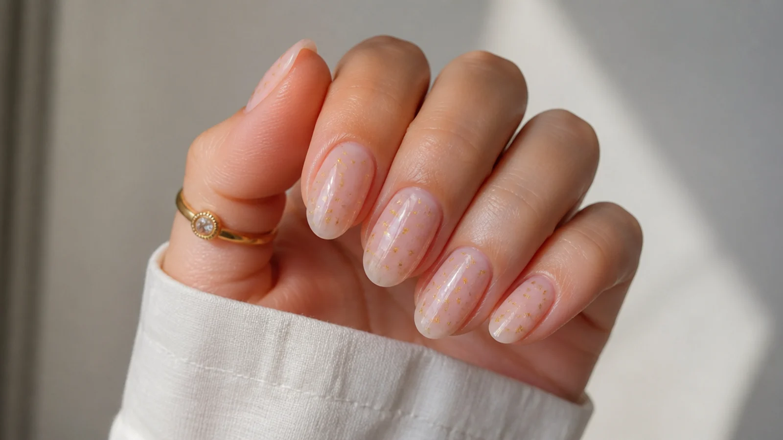 Sheer oval soap nails with tiny gold flecks suspended in the finish