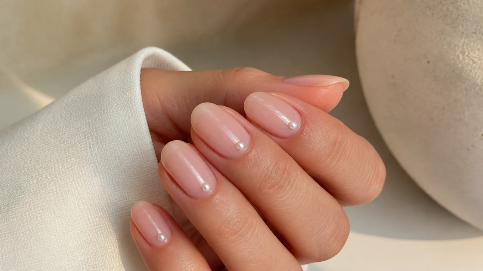 Sheer oval soap nails with a single tiny pearl at the cuticle