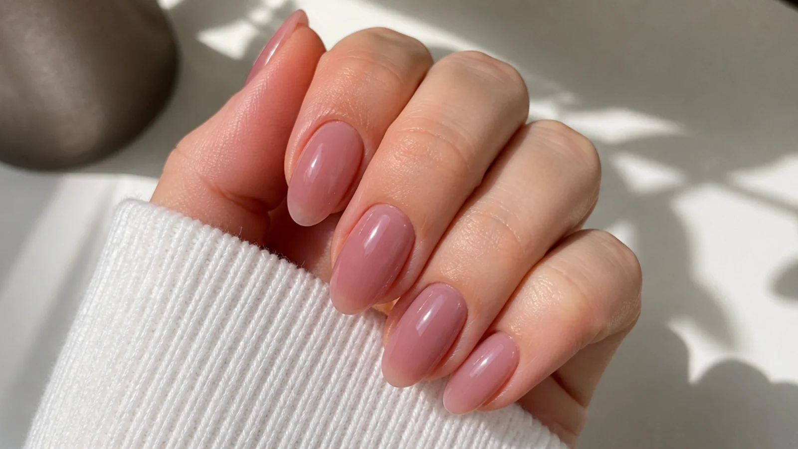 Sheer soft mauve oval soap nails with a dusty rose tint