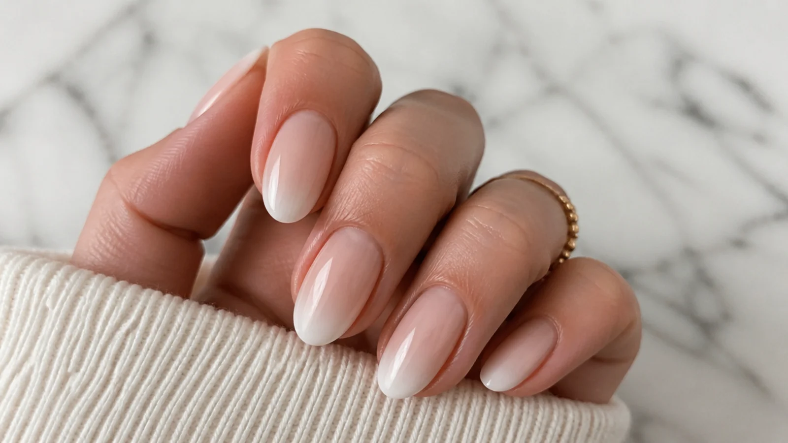 Sheer oval soap nails fading from milky white tip to nude base