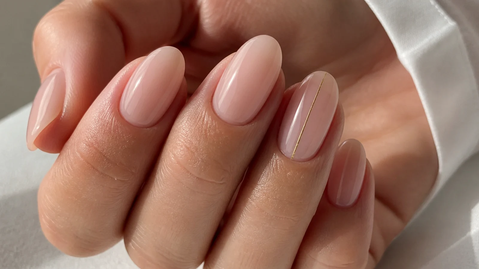 Sheer nude oval soap nails with one thin gold line on the ring finger