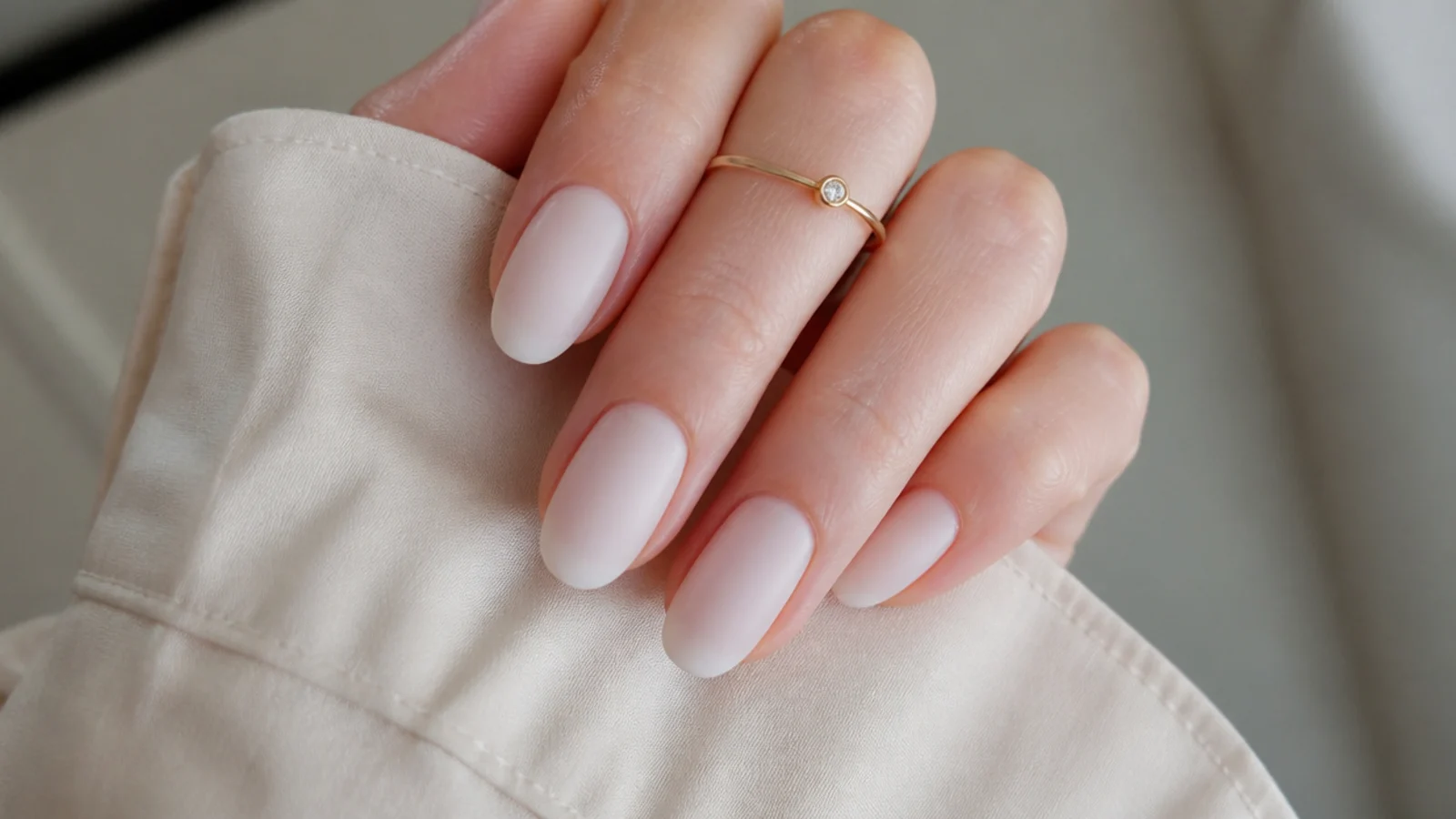Sheer milky oval soap nails with a soft matte velvet finish