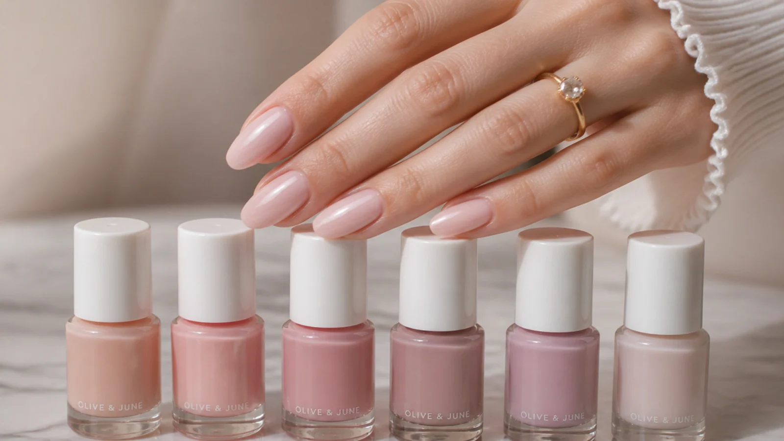 A row of sheer nude, pink and milky nail polish bottles for soap nails