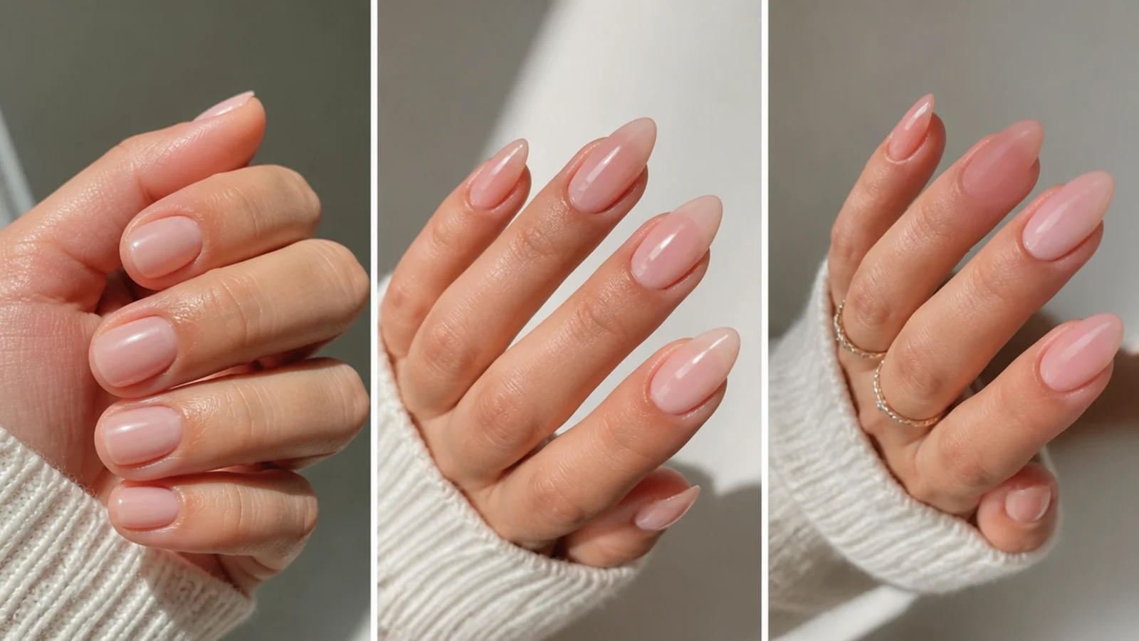Sheer soap polish shown on short and long oval and almond nail shapes