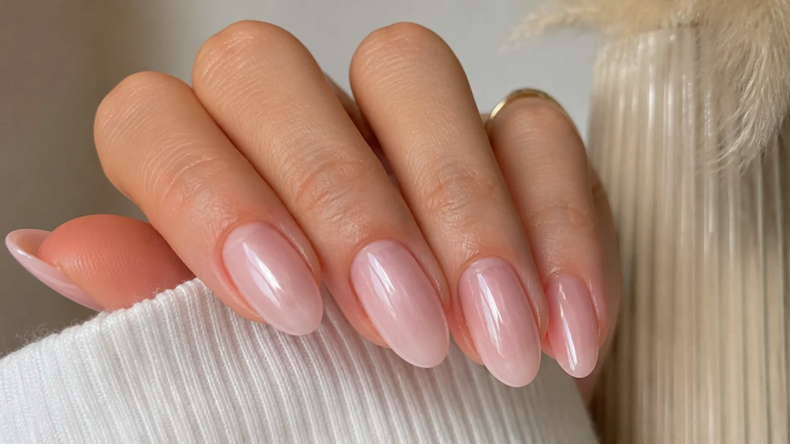 Sheer glassy oval soap nails in a barely-there pink on natural nails