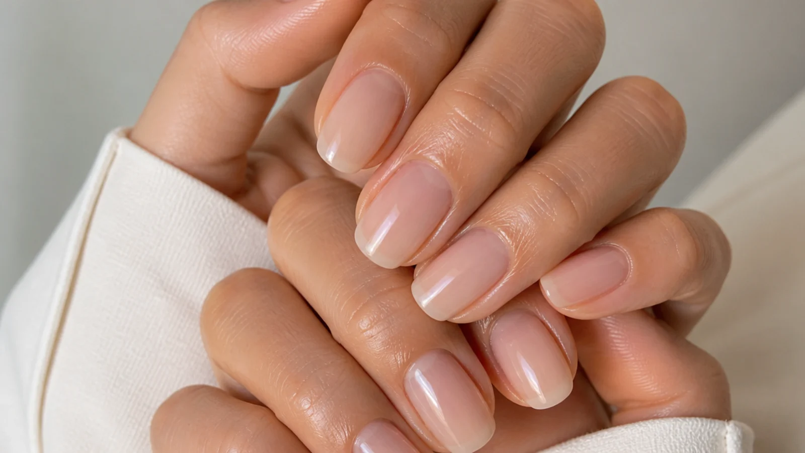 A sealed sheer oval soap manicure with cuticle oil for longevity