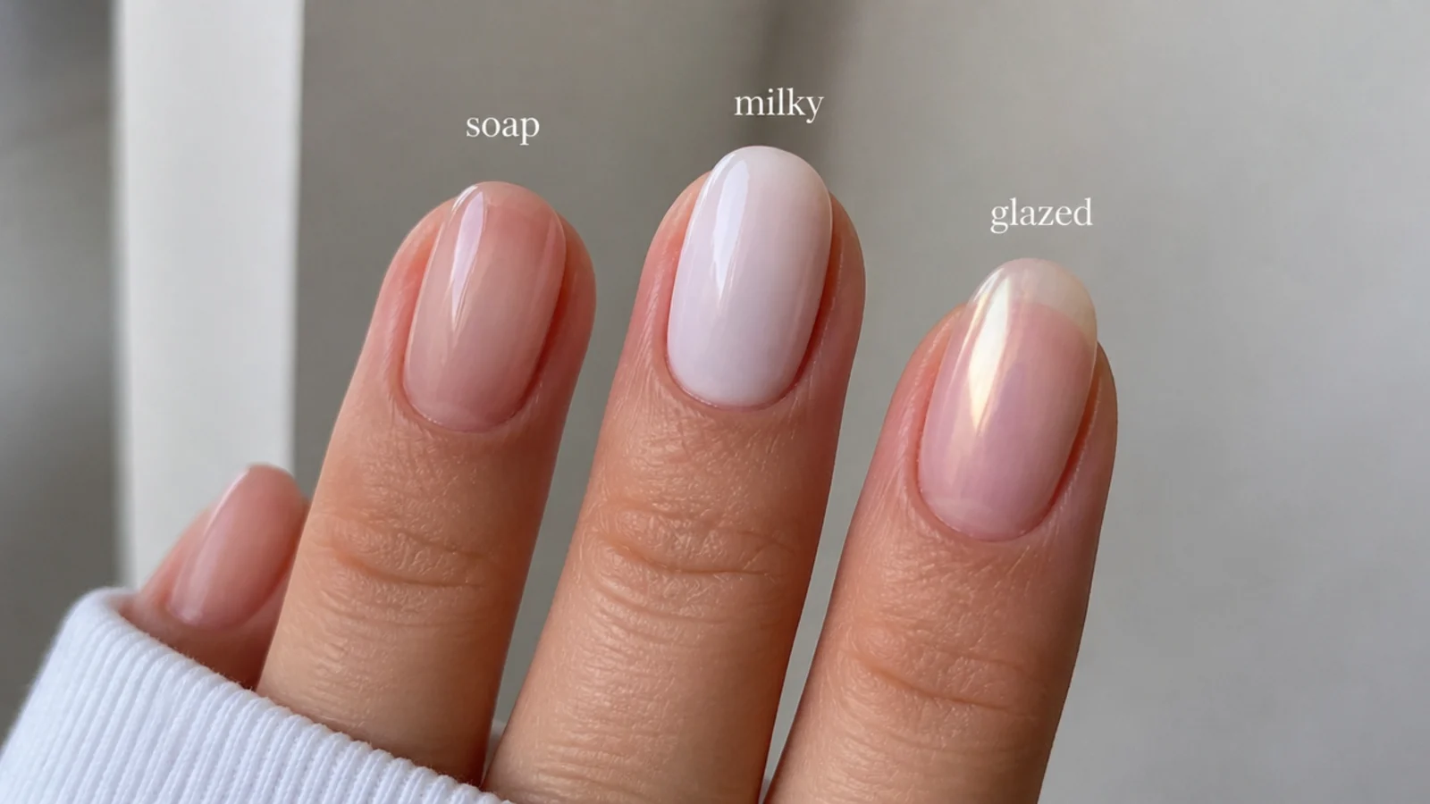 Three sheer oval nails side by side - soap, milky and glazed finishes