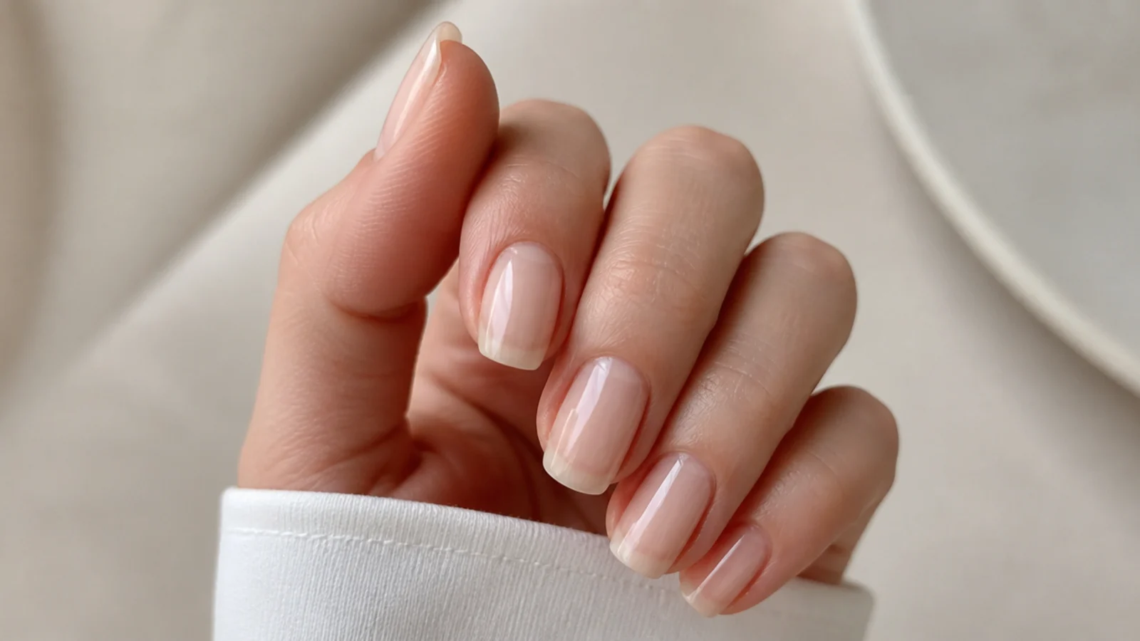 A sheer buffed natural nail with one thin coat of milky-clear soap polish