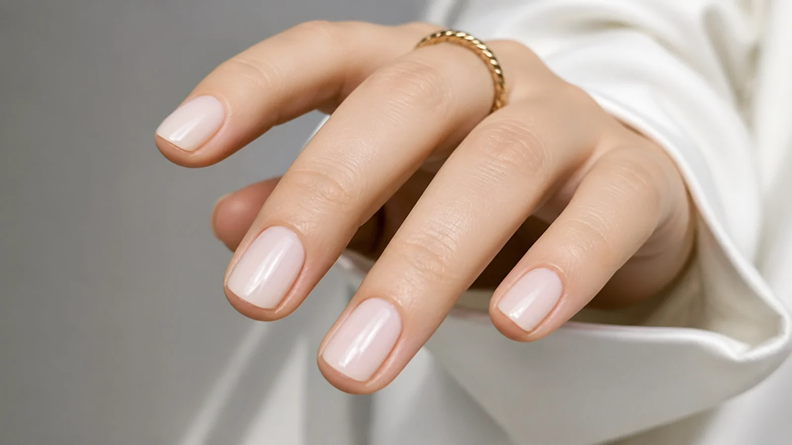 Short soap nails in a cool sheer milky white on fair skin