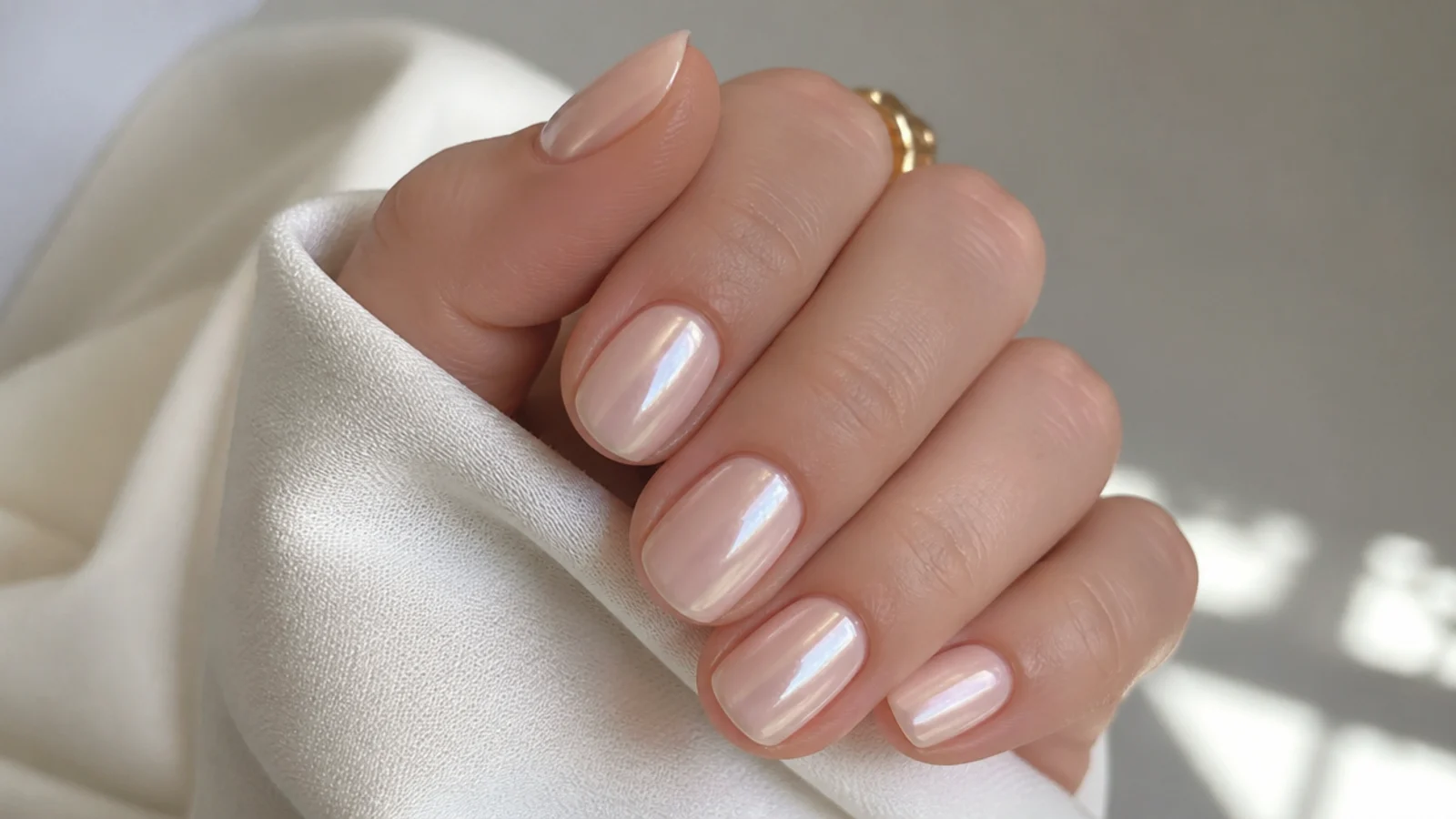 Short milky soap nails with a soft pearl chrome glazed sheen