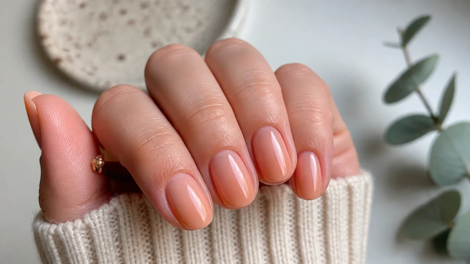 Short soap nails in a sheer peachy nude with a warm natural glow
